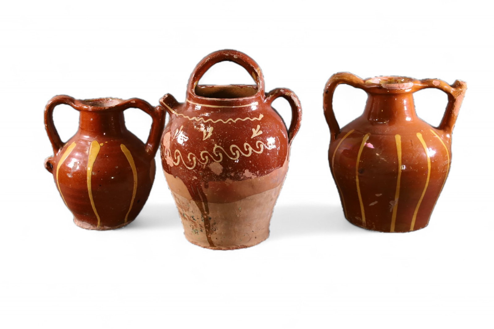 3 FRENCH POTTERY JUGS: 3 LARGE ANTIQUE FRENCH POTTEYR JUGS, SOME CHIPS. 11" - 16" H.