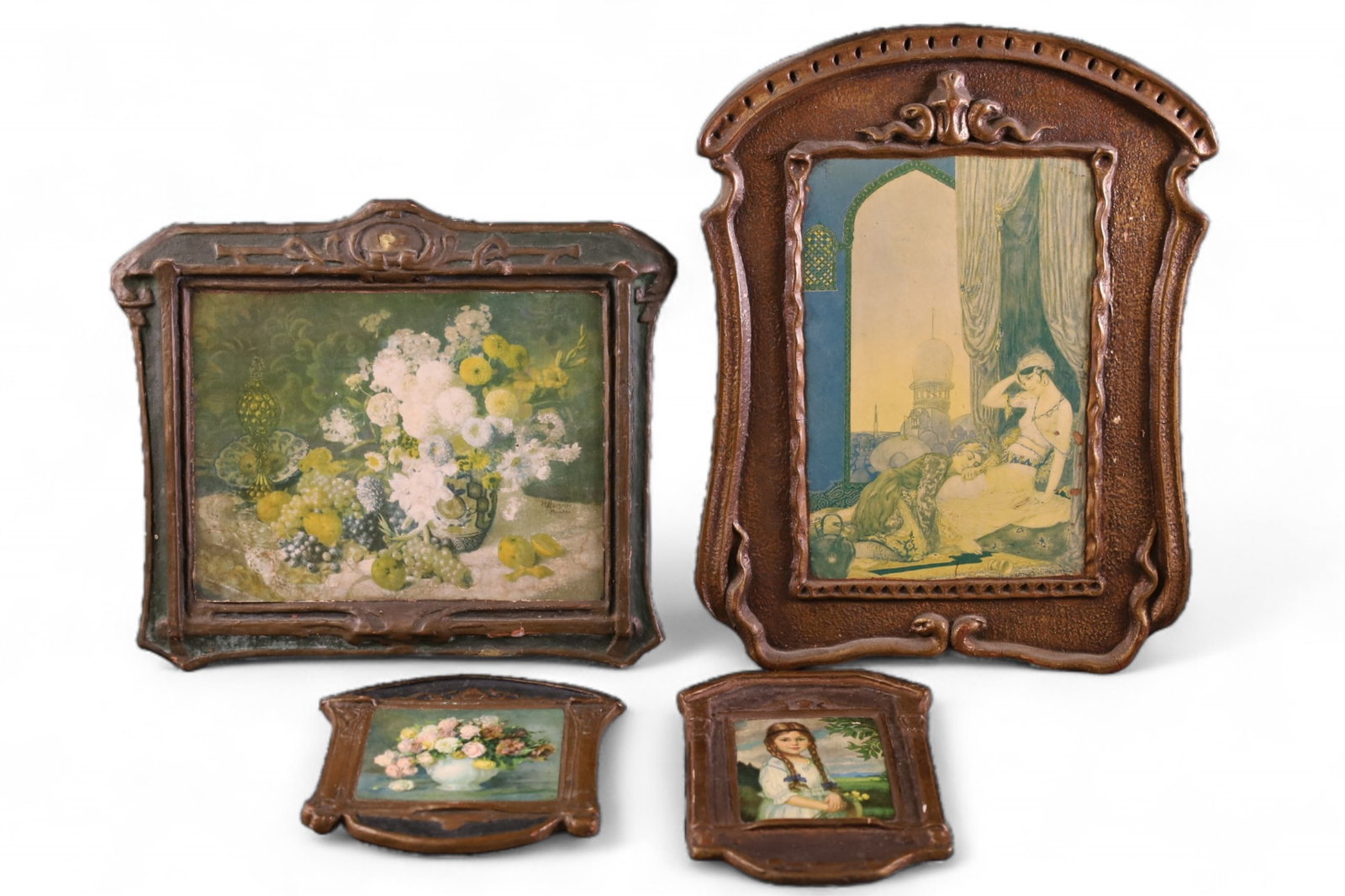 FRAMED PRINTS: IN GESSO FRAMES, SOME PAINT LOSS AND CHIPS. 7" H - 16" H.