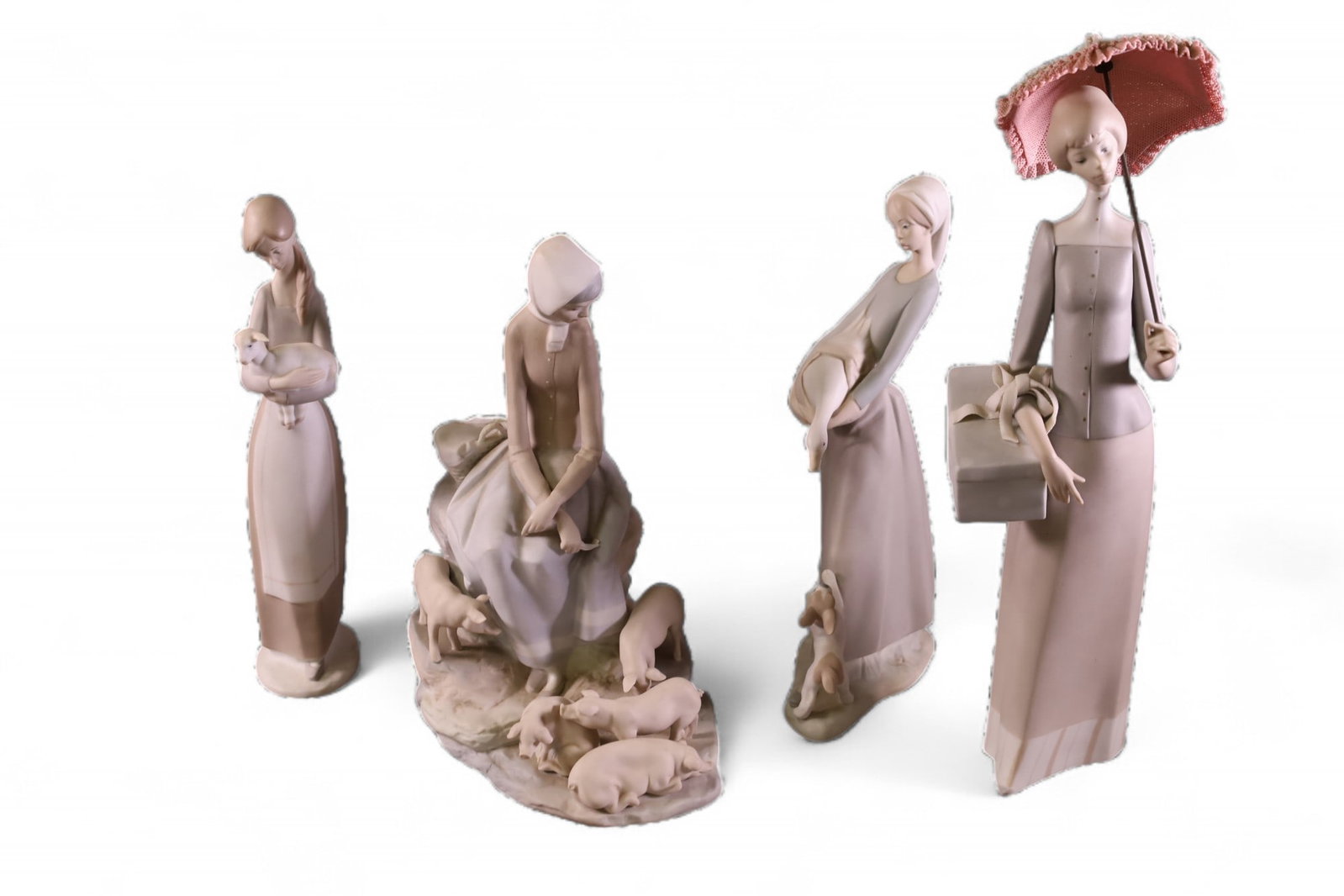 4 LLADRO FIGURES: DRESS MAKER, GIRL WITH GOOSE, GIRL WITH LAMB (DAMAGE TO EAR), & SHEEP HERDRESS WITH DUCKS. (DAMAGE TO BASKET) 10" - 14" H.