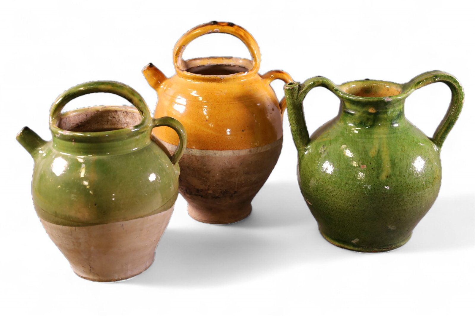 3 FRENCH POTTERY JUGS: 3 PIECES OF ANTIQUE FRENCH POTTERY, SOME CHIPS 10" - 13" H.