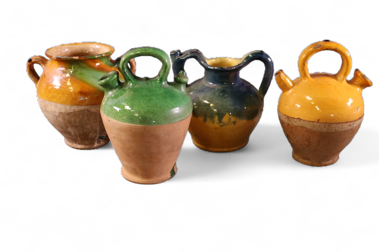 4 PIECES OF FRENCH POTTERY: 4 PIECES OF ANTIQUE FRENCH POTTERY, SOME CHIPS. 8" - 10" H.