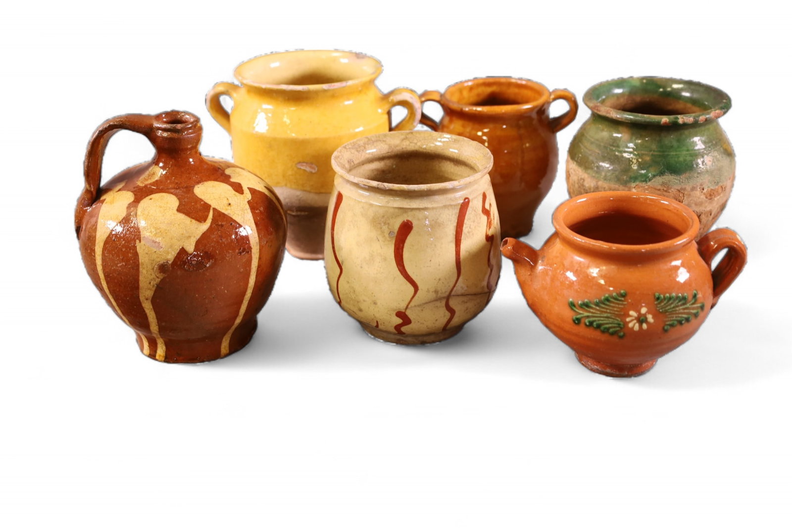 6 PIECES OF FRENCH POTTERY: 6 PIECES OF ANTIQUE FRENCH POTTERY VASES. SOME CHIPS. 4' - 7" H