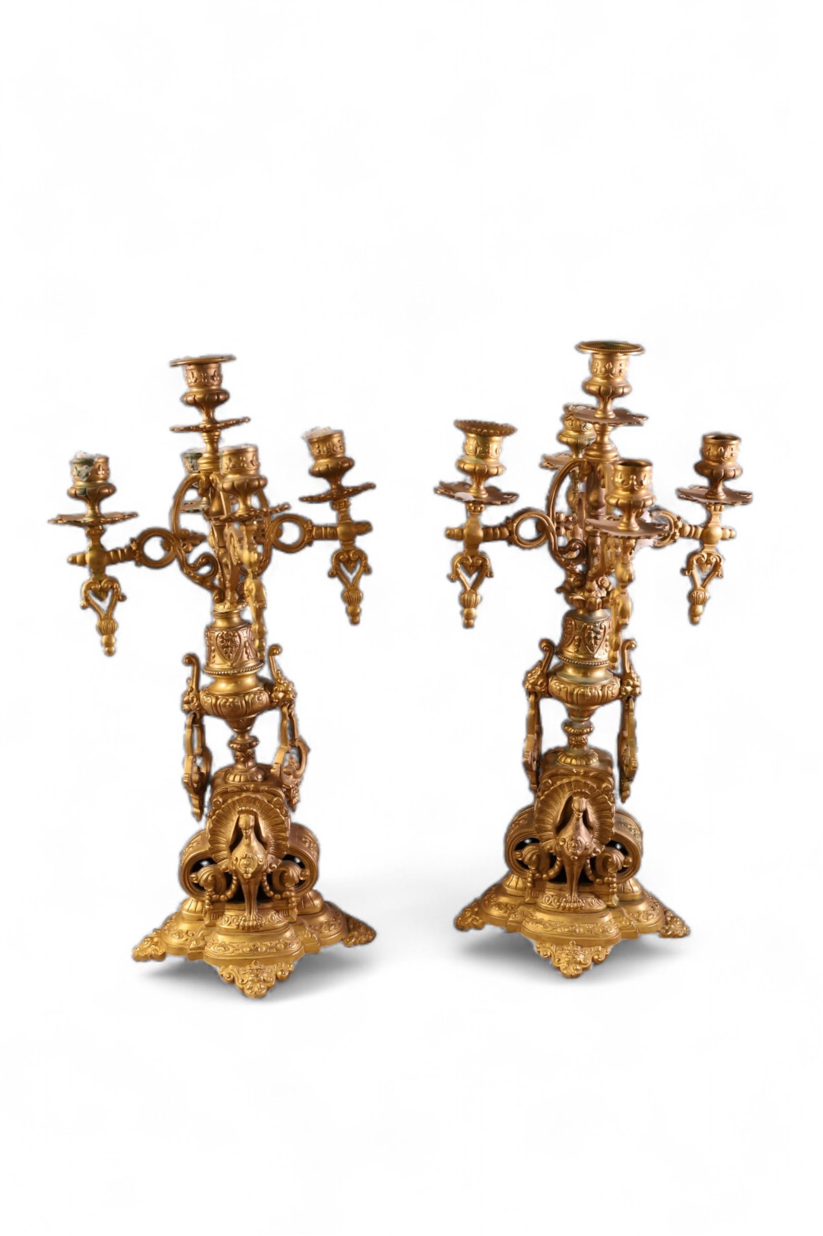 PAIR OF BRONZE CANDELABRAS (AS IS): THEY ARE LOOSE, NEED TIGHTENED. 21" H.