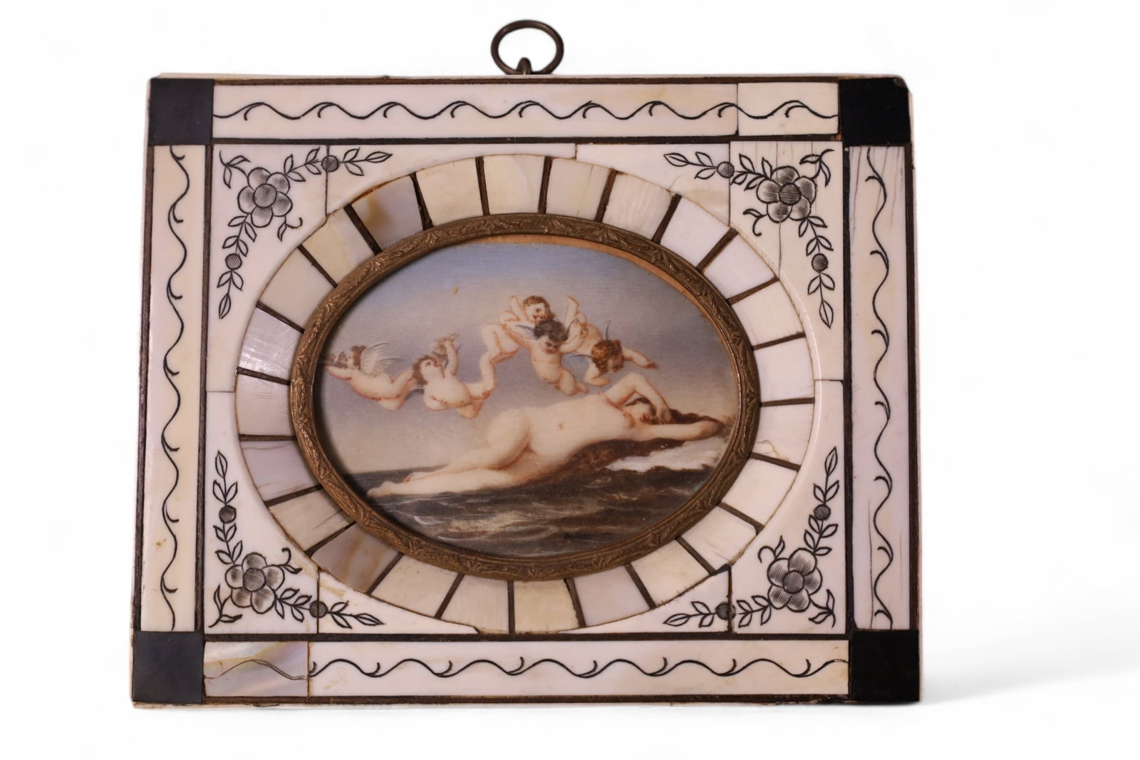 MINIATURE PAINTING: MINIATURE CHERUB AND MOTHER PAINTING IN BONE FRAME, 6" x 4 1/2" IN FRAME