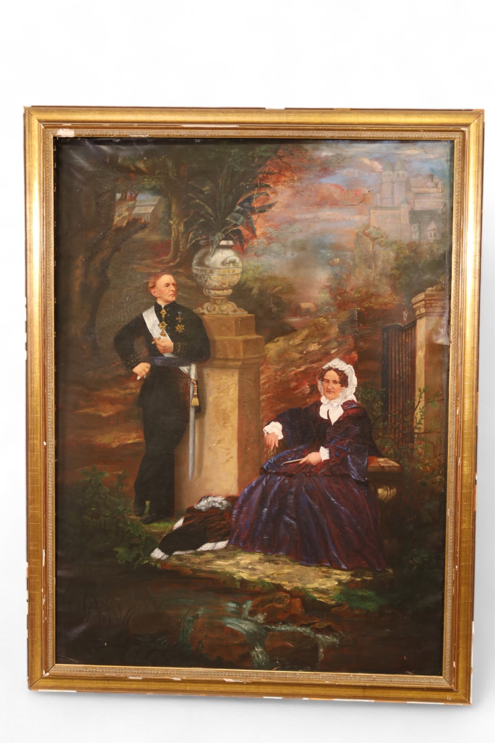 19TH CENTURY PORTRAIT PAINTING OF ROYALITY: OIL ON CANVAS, PORTRAIT OF KING LOUIS I & EMPRESS CAROLINE OF AUSTRIA. TEAR TO TOP CENTER, DAMAGE TO FRAME. OLD REPAIRS. 36" x 47" IMAGE SIZE. THIS ITEM EXCEEDS SIZE LIMITATIONS FOR IN HOUSE SHIPPING,