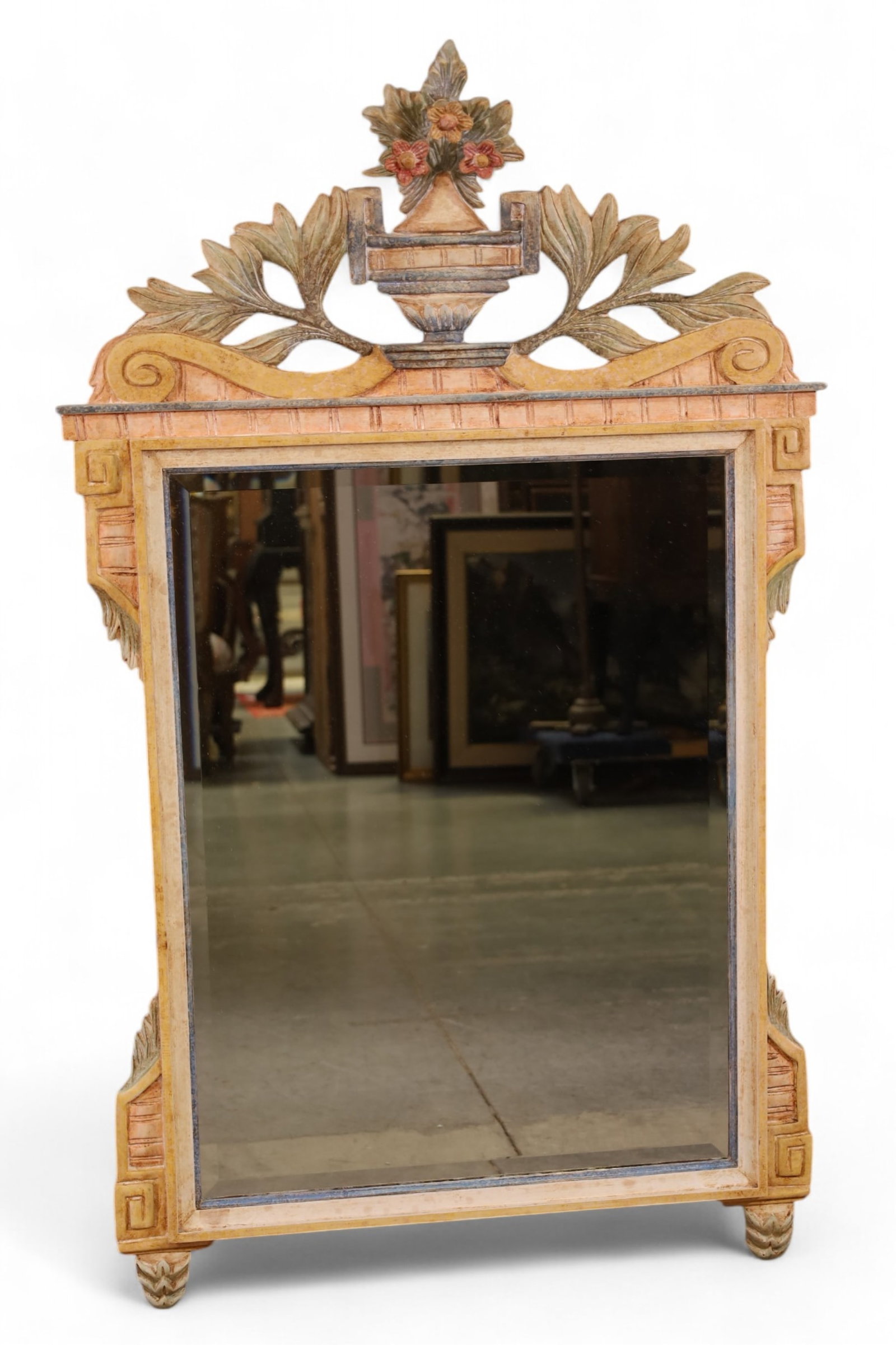 CARVED ITALIAN WALL MIRROR: PAINTED FINISH, FLOWER BASKET CARVED WALL MIRROR. 33" x 55" THIS ITEM EXCEEDS SIZE LIMITATIONS FOR IN HOUSE SHIPPING, IT MUST BE SHIPPED VIA 3rd PARTY GROUND SHIPPER OR PICKED UP IN HOUSE.