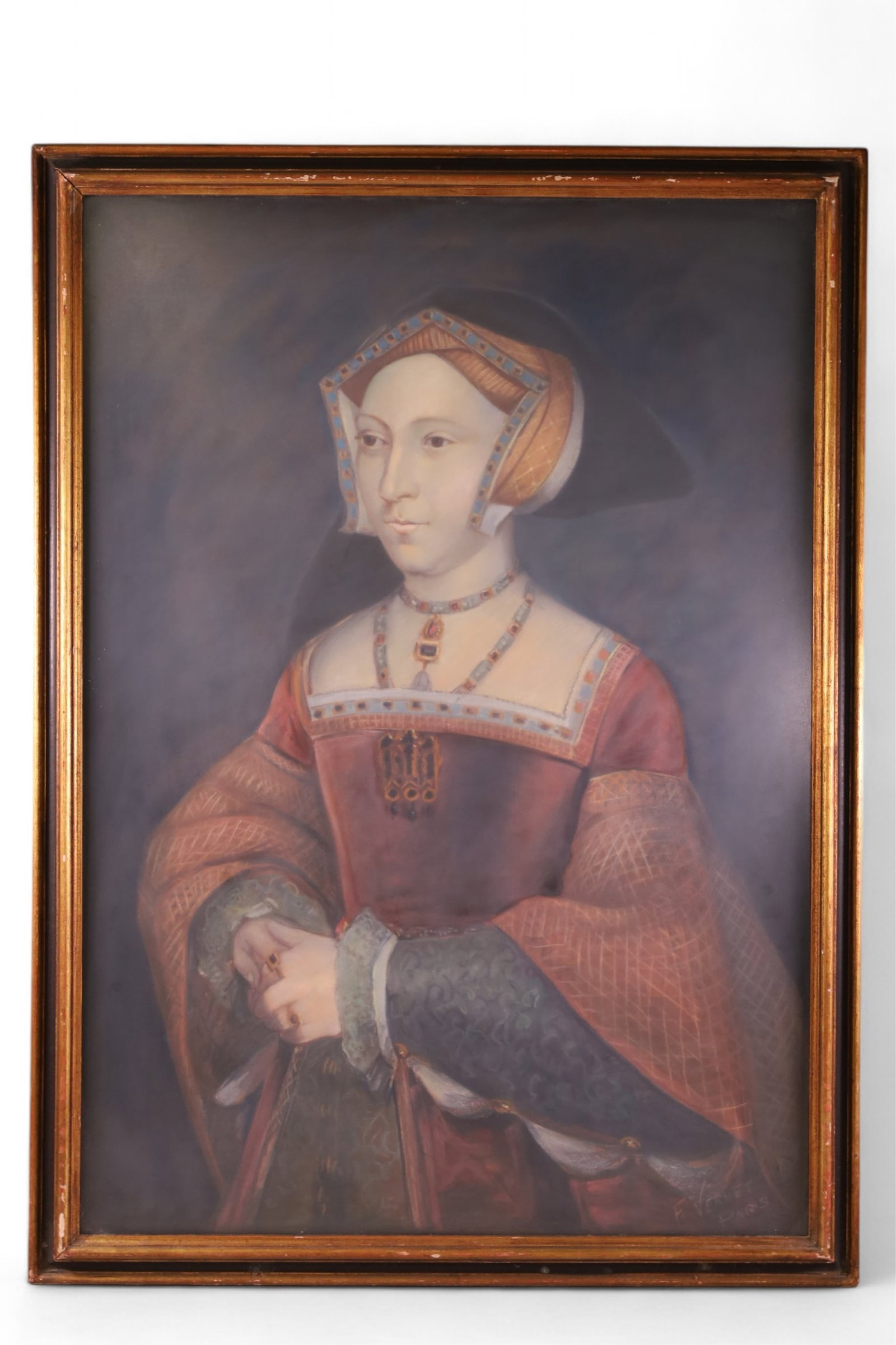 PASTEL PORTRAIT PAINTING: PASTEL FRAMED UNDER GLASS, SIGNED F. VERNETT. PASTEL PORTRAIT. 27" x 37" IN FRAME. THIS ITEM EXCEEDS SIZE LIMITATIONS FOR IN HOUSE SHIPPING, IT MUST BE SHIPPED VIA 3rd PARTY GROUND SHIPPER OR PICKED U