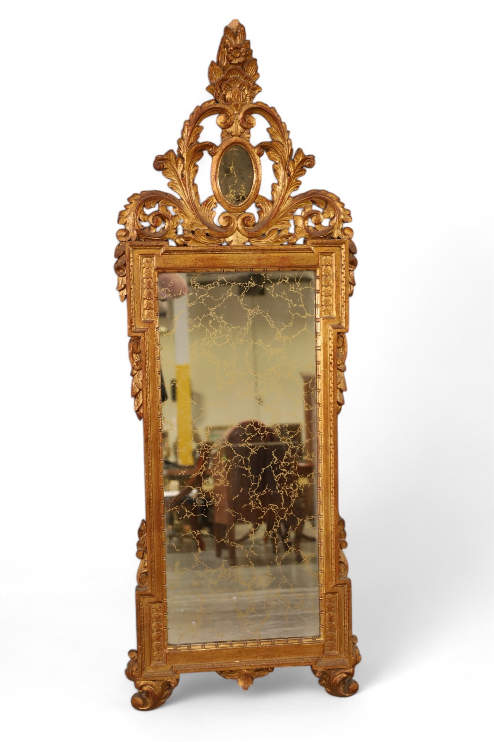 ITALIAN WALL MIRROR: DECORATIVE ITALIAN WALL MIRROR, DAMAGE TO TOP. 19" x 53" THIS ITEM EXCEEDS SIZE LIMITATIONS FOR IN HOUSE SHIPPING, IT MUST BE SHIPPED VIA 3rd PARTY GROUND SHIPPER OR PICKED UP IN HOUSE.