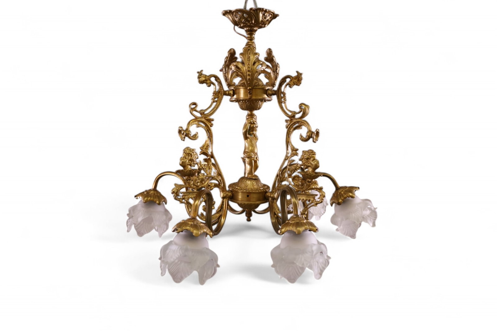 BRONZE 6 LIGHT CHERUB DECORATED CHANDELIER: HAS 5 SHADES, MISSING 1. 23" X 20". THIS ITEM EXCEEDS SIZE LIMITATIONS FOR IN HOUSE SHIPPING, IT MUST BE SHIPPED VIA 3rd PARTY GROUND SHIPPER OR PICKED UP IN HOUSE.
