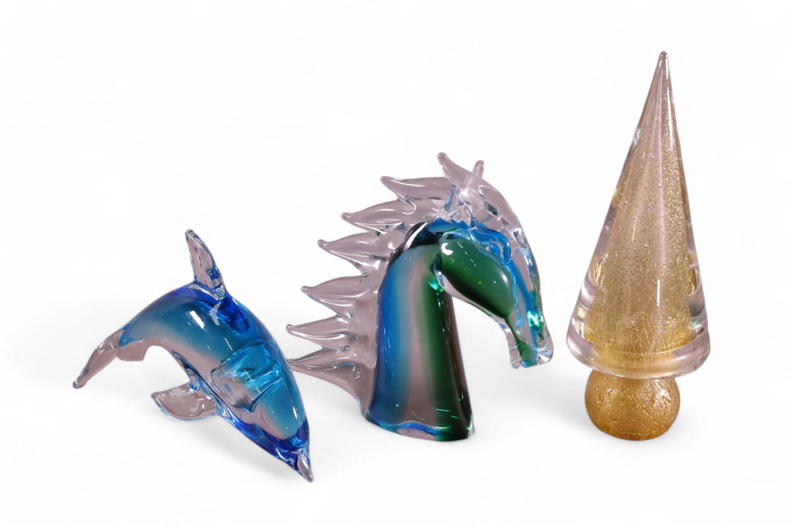 3 PIECES OF MURANO: MURANO ART GLASS, DOLPHIN, HORSE, & CONE. 6' - 12" H