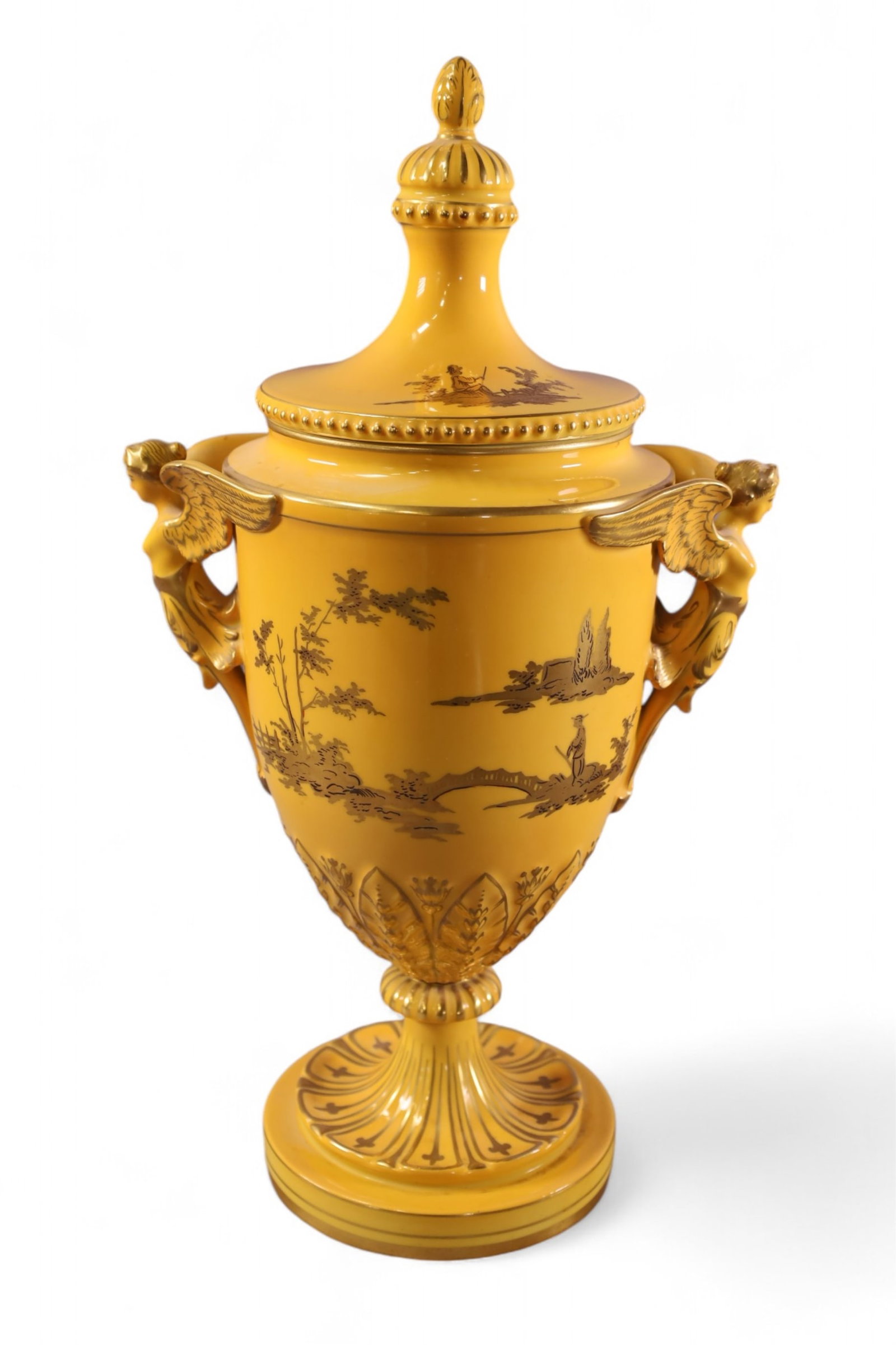 DRESDEN PORCELAIN LIDDED URN: DRESDEN LIDDED URN WITH FIGURAL HANDLES, 16" H.