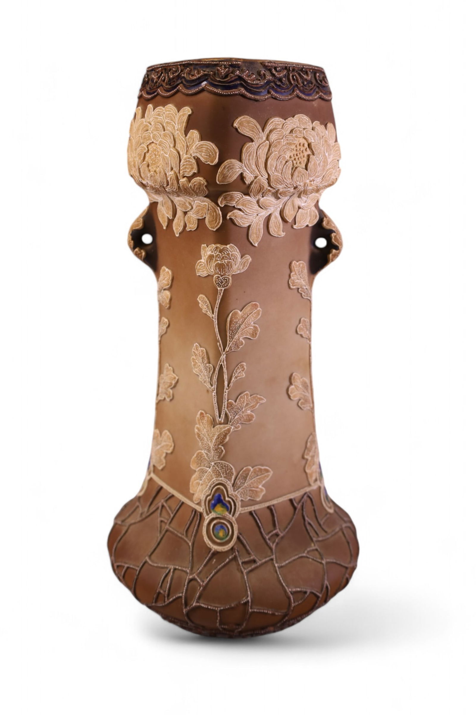 NIPPON VASE: NIPPON VASE, FLORAL DECORATED, LOTUS PATTERN, MARKED JAPANESE. DAMAGE TO APPLIED DECORATION, 12" H.