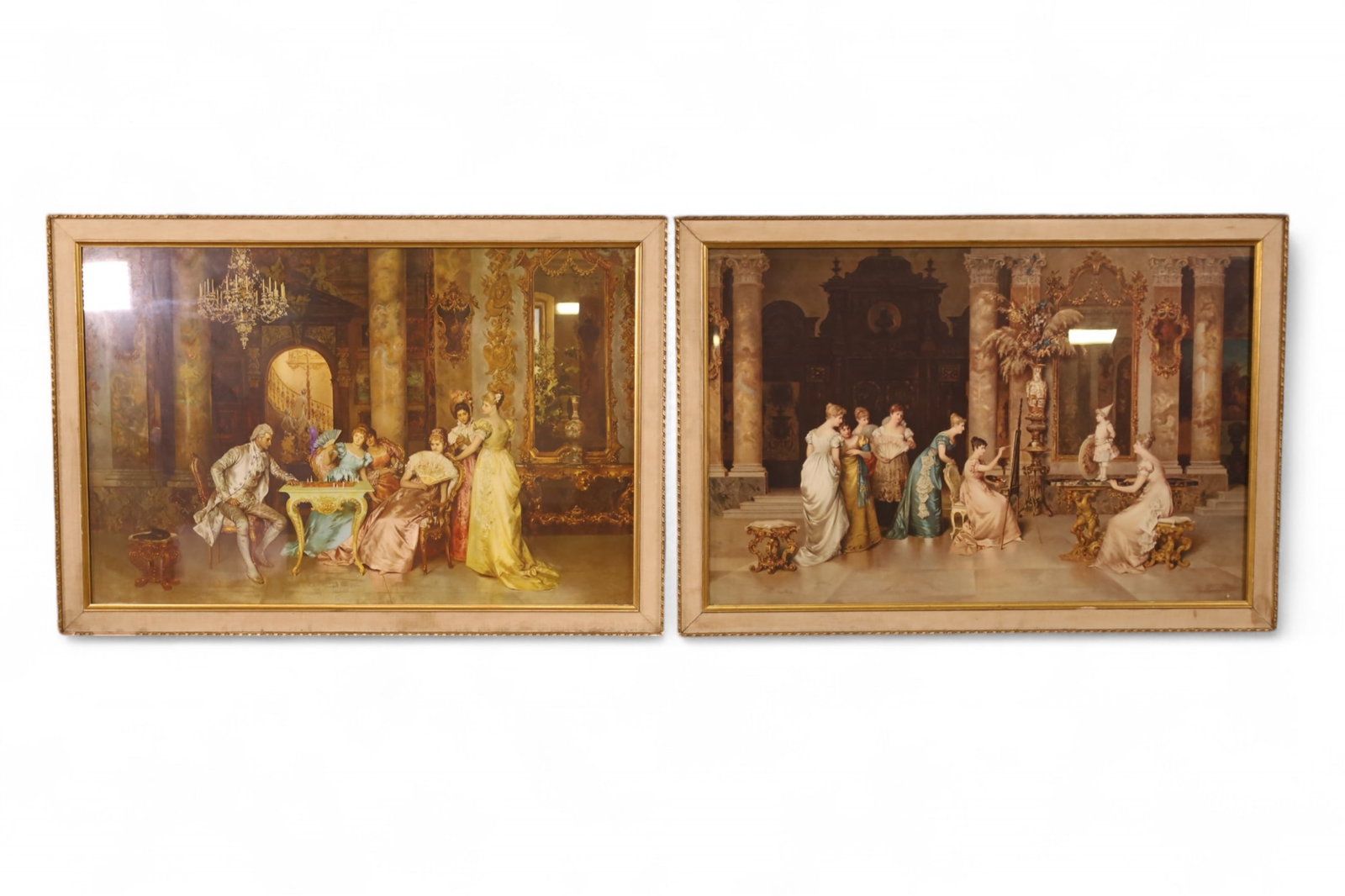 PAIR OF FRENCH STYLE PRINTS: FRENCH INTERIOR SCENE FRAMED PRINTS, UNDER GLASS. 39" x 27" IN FRAME. THIS ITEM EXCEEDS SIZE LIMITATIONS FOR IN HOUSE SHIPPING, IT MUST BE SHIPPED VIA 3rd PARTY GROUND SHIPPER OR PICKED UP IN HOUSE.