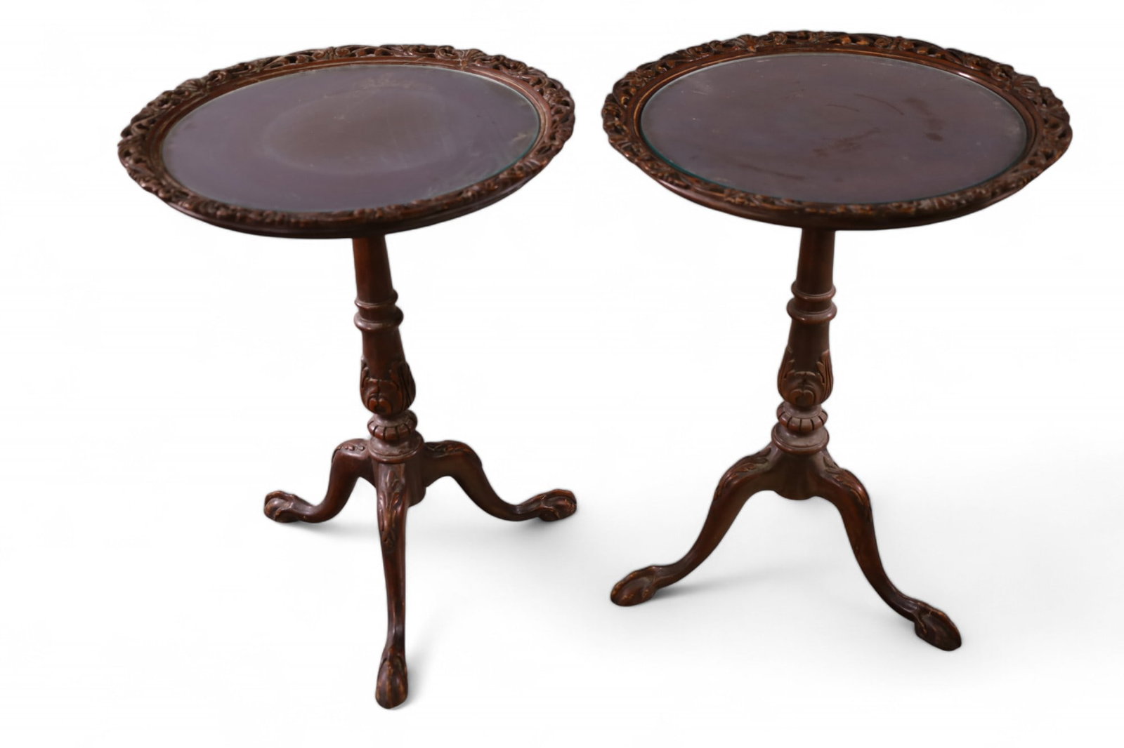 PAIR OF CARVED MAHOGANY LAMP TABLES (1 of 4)