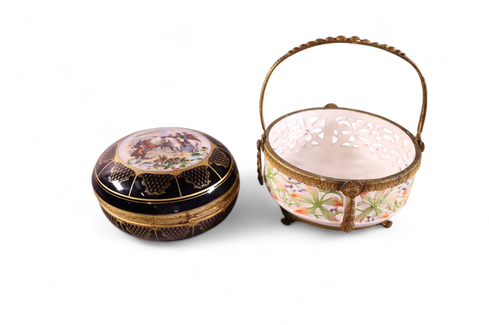2 PIECES OF PORCELAIN: HAND PAINTED DRESSER BOX, & PORCELAIN BASKET,