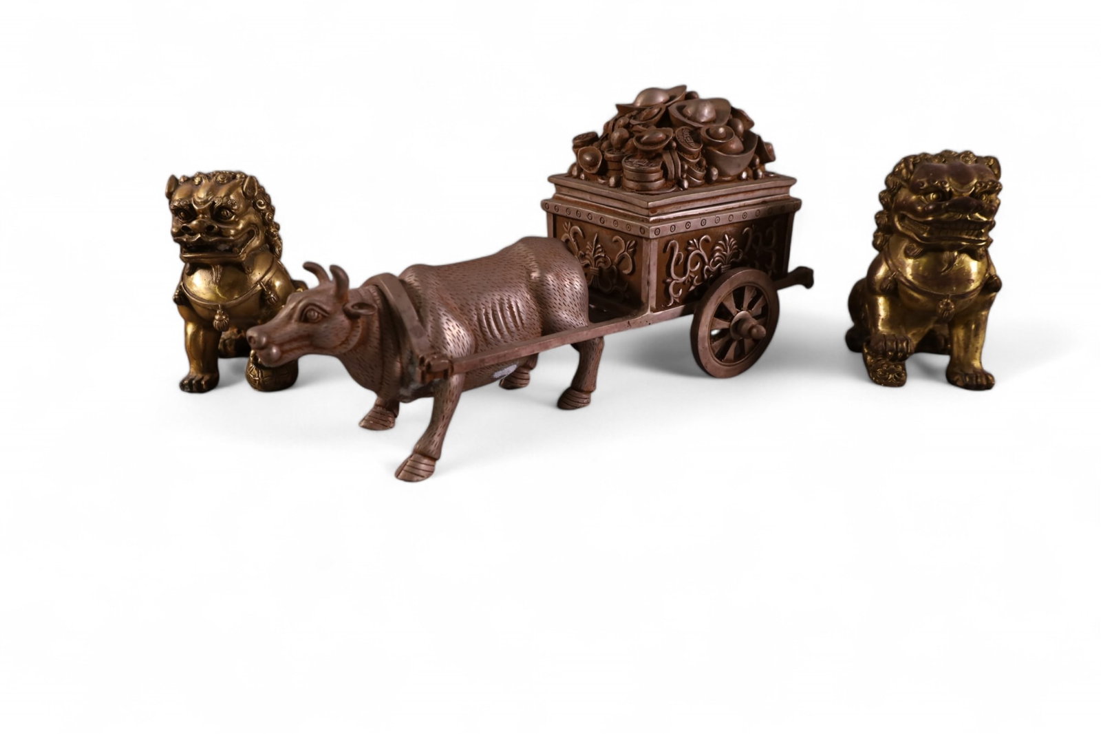 3 METAL CHINESE FIGURES: PAIR OF FOO LIONS & OX CART, 12" W & 4" H.