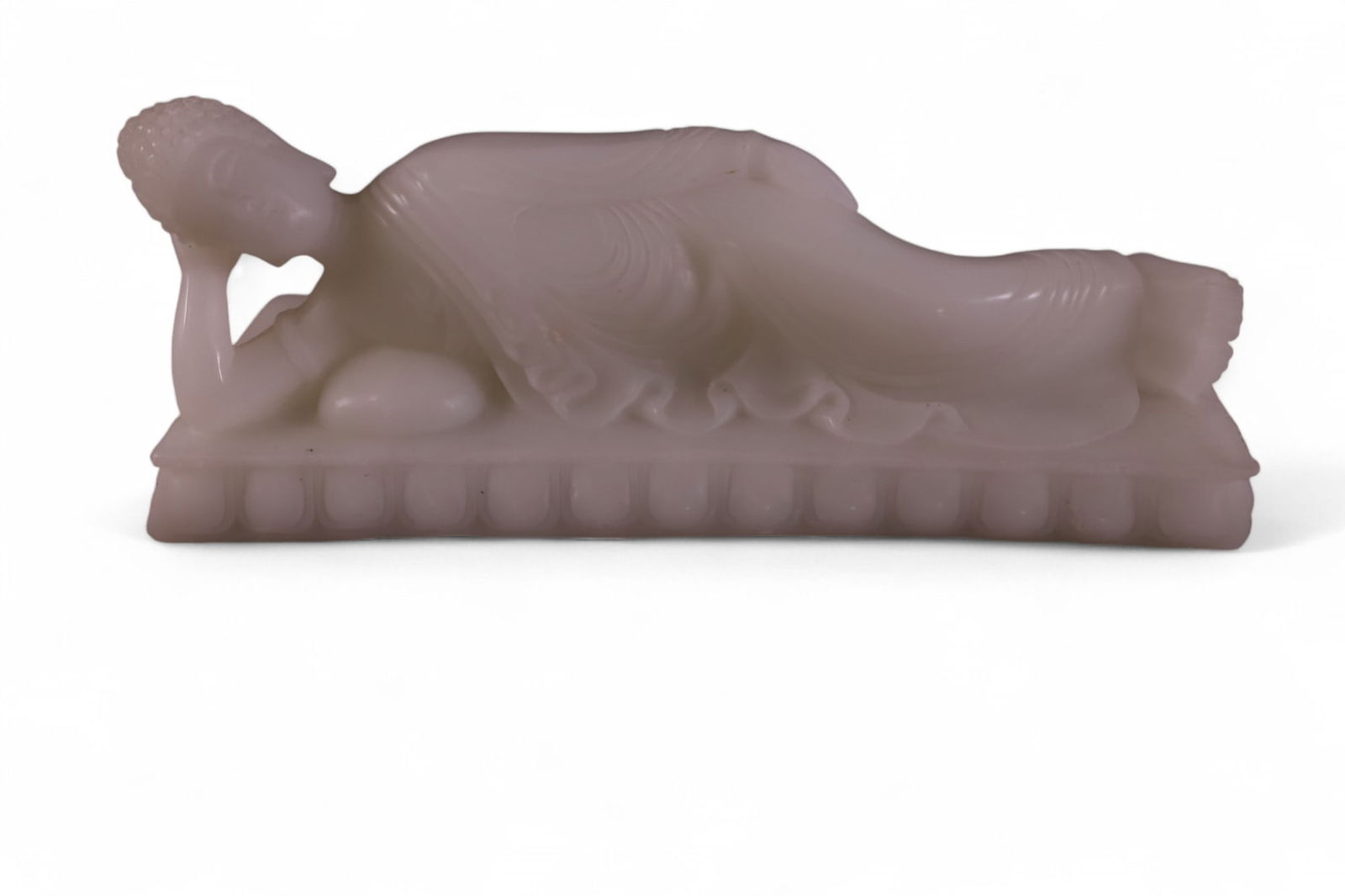 RECLINING BUDDHA STONE FIGURE: LARGE WHITE STONE RECLINING BUDDHA FIGURE, 13" W