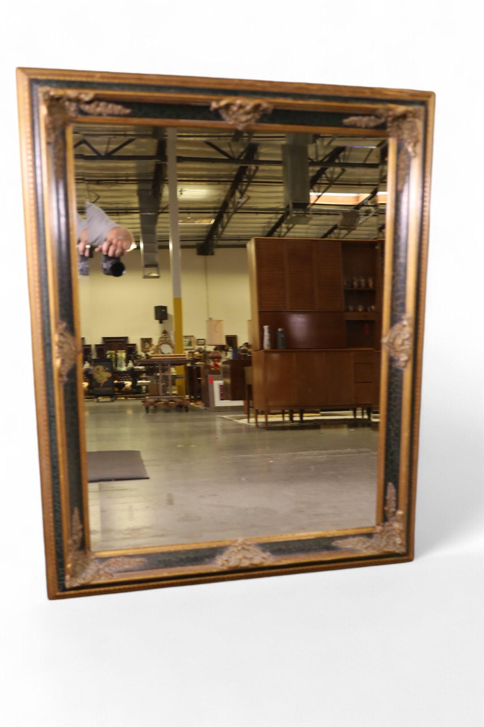 CONTEMPORARY WALL MIRROR: BEVELED WALL MIRROR, PAINT LOSS, FINISH LOSS. 38" x 49" THIS ITEM EXCEEDS SIZE LIMITATIONS FOR IN HOUSE SHIPPING, IT MUST BE SHIPPED VIA 3rd PARTY GROUND SHIPPER OR PICKED UP IN HOUSE.