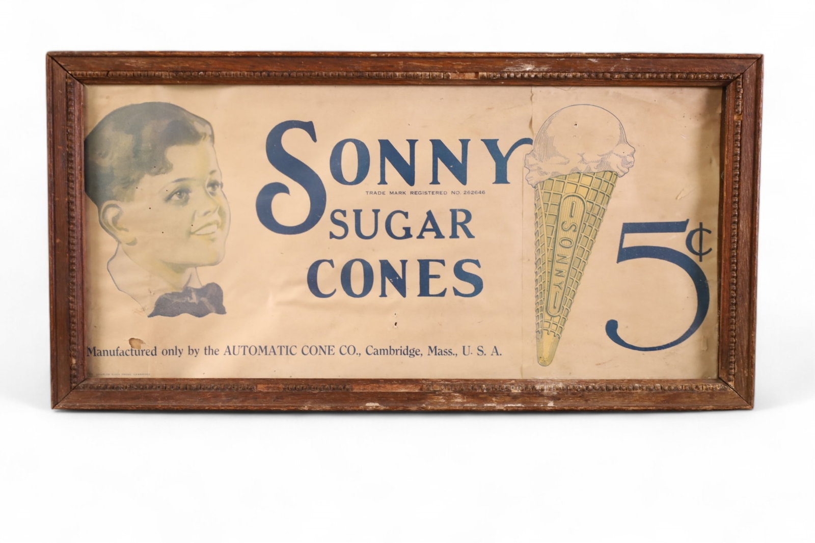 SONNY SUGAR CONE ADVERTISEMENT: FRAMED PAPER SONNY SUGAR CONES AD. FOLDED, HOLES, & CREASE. 18" x 10"