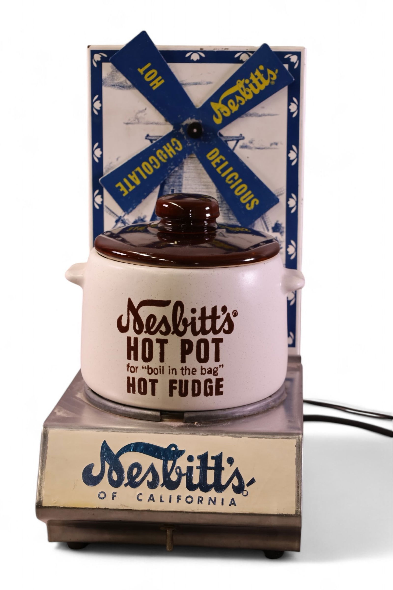 NESBITT'S HOT POT DISPLAY: VINTAGE NESBITT'S HOT POT HOT FUDGE DISPENSER. NEEDS REWIRED. MODEL AC11, 8" W x 16" H.