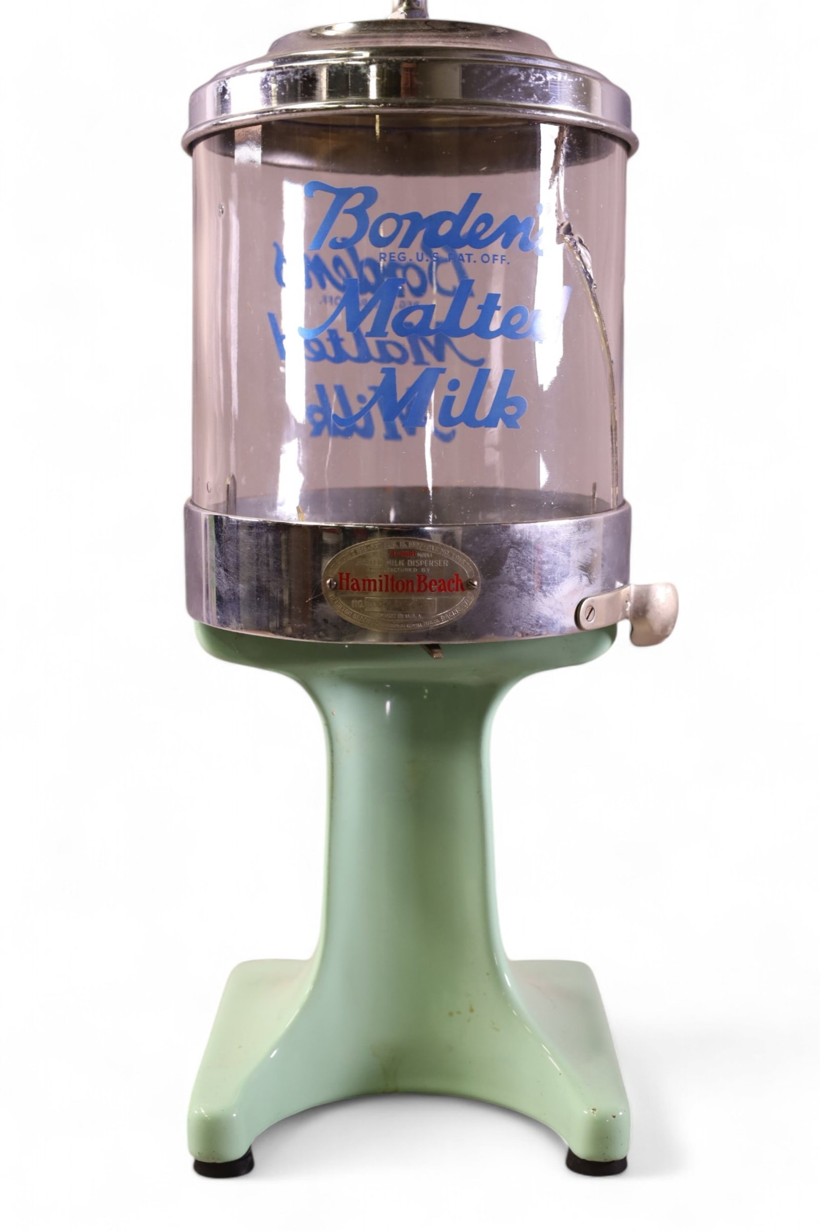 BORDEN'S MALT DISPENSER: HAMILTON BEACH, BORDEN'S MALT MILK DISPENSER, CRACK TO GLASS. 17 1/2" H