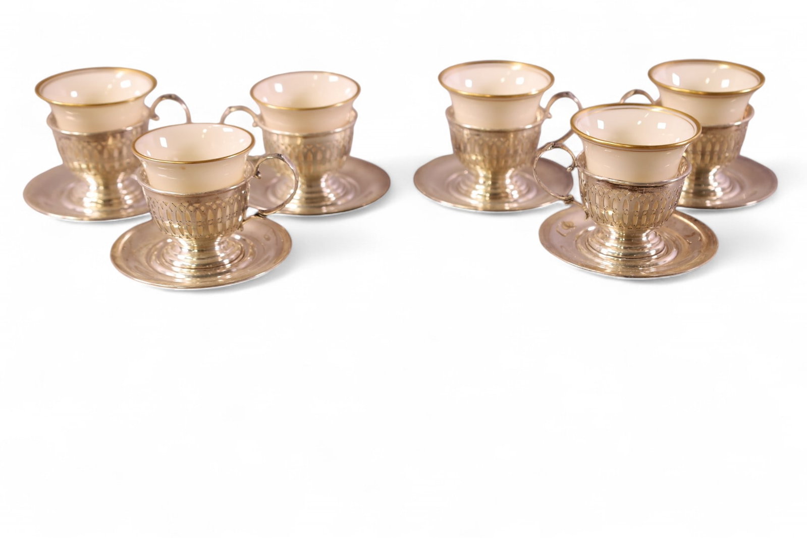 STERLING CUPS & SAUCERS: WITH LENOX INSERTS, APPROX 258 GRAMS.