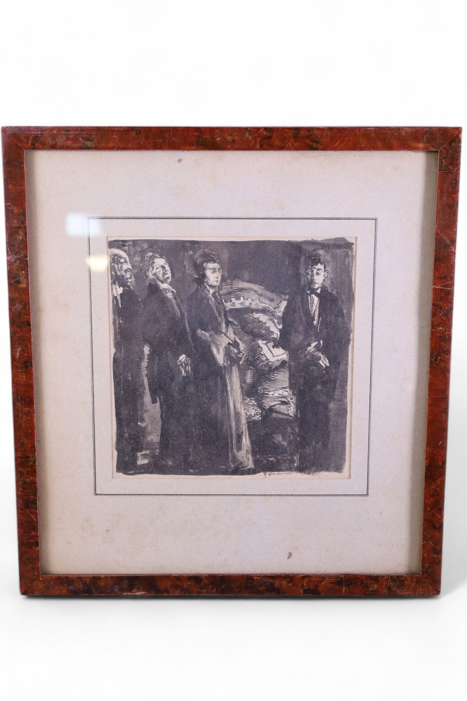 FRAMED ENGRAVING: FRAMED ENGRAVING UNDER GLASS. SIGNED GRIGORY GLUCKMANN. 16" x 17" IN FRAME.