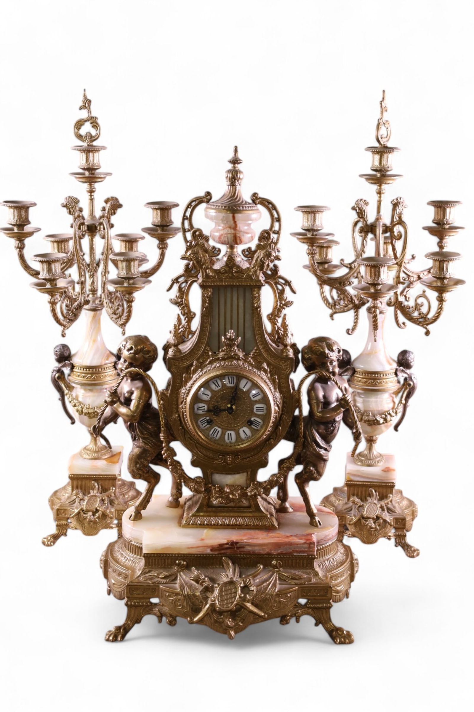 3 PIECE BRASS & ONYX CLOCK SET (1 of 9)