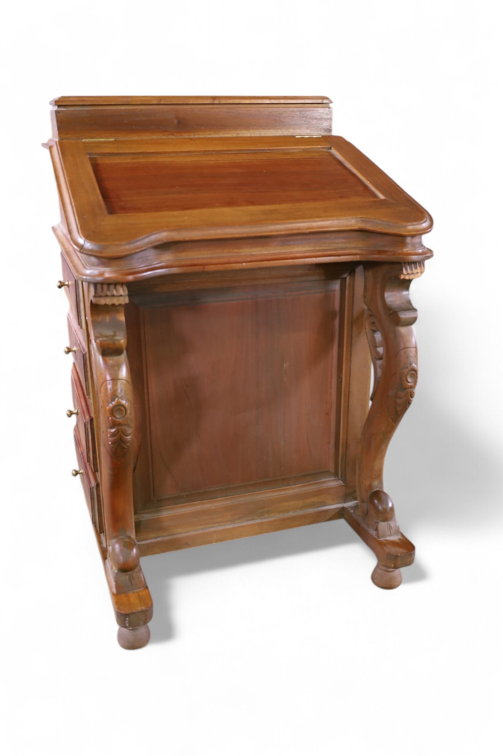 DAVENPORT DESK: SMALL CONTEMPORARY DAVENPORT STYLE DESK, FINISH IS FADED. ONE SIDE HAS FAUX DRAWERS. 22" W x 21" D x 33" H. THIS ITEM EXCEEDS SIZE LIMITATIONS FOR IN HOUSE SHIPPING, MUST BE PICKED UP HOUSE OR SHIPPED