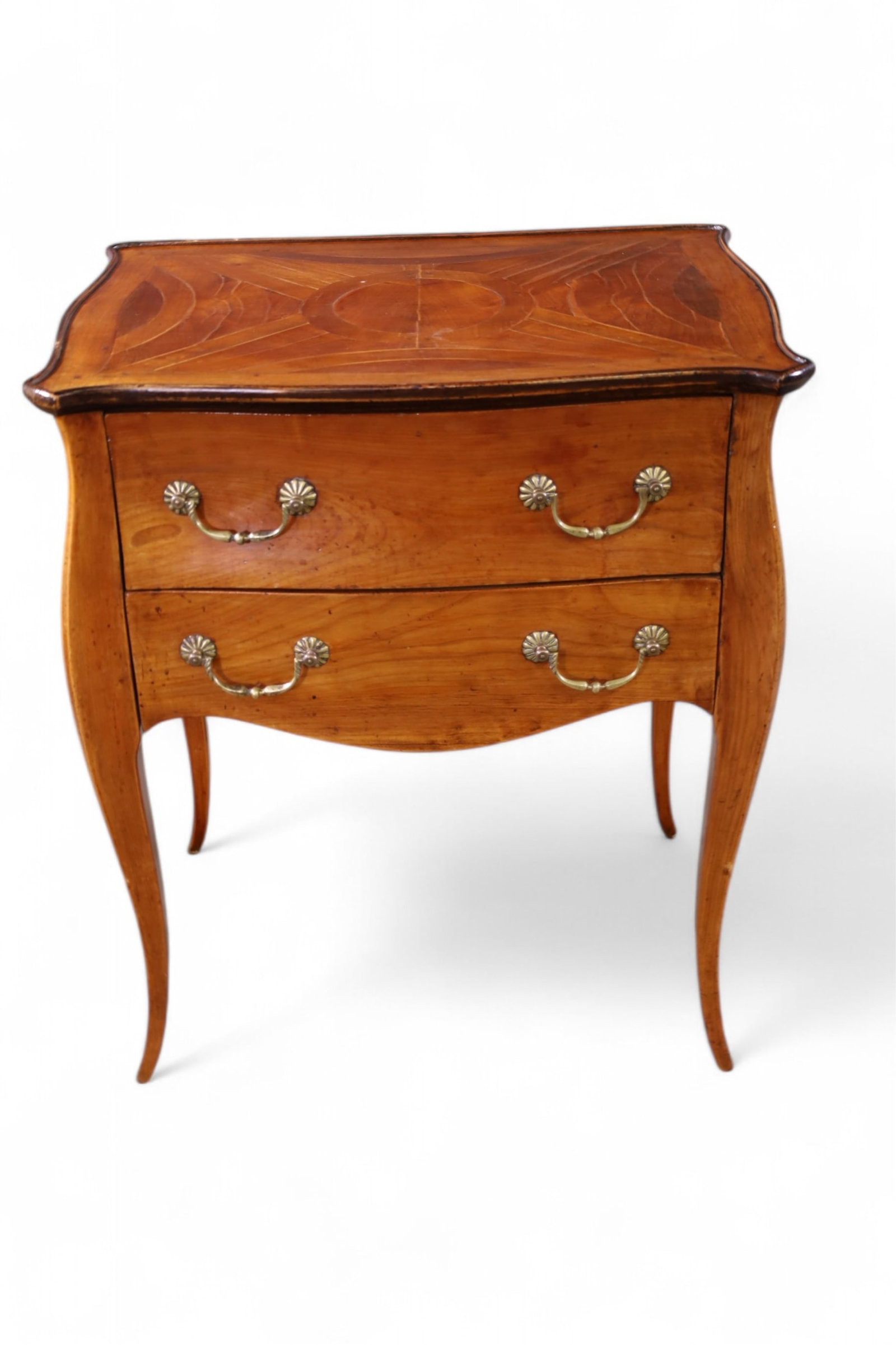 ITALIAN NIGHTSTAND: TWO DRAWER BURLED BOMBAY NIGHTSTAND, 24" W x 17" D x 27" H. THIS ITEM EXCEEDS SIZE LIMITATIONS FOR IN HOUSE SHIPPING, MUST BE PICKED UP HOUSE OR SHIPPED VIA 3rd PARTY SHIPPER.