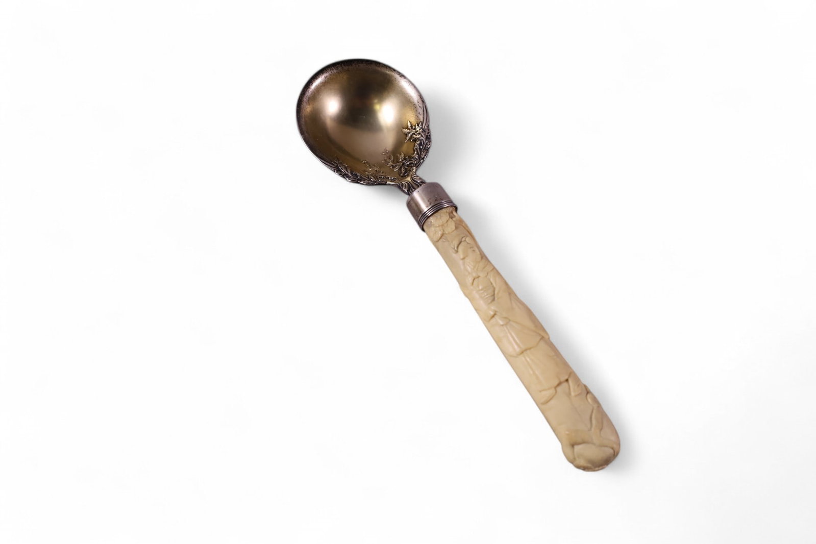 STERLING & BONE CARVED SPOON: 19th C CHINESE STERLING SPOON WITH BONE CARVED HANDLE. 8" L