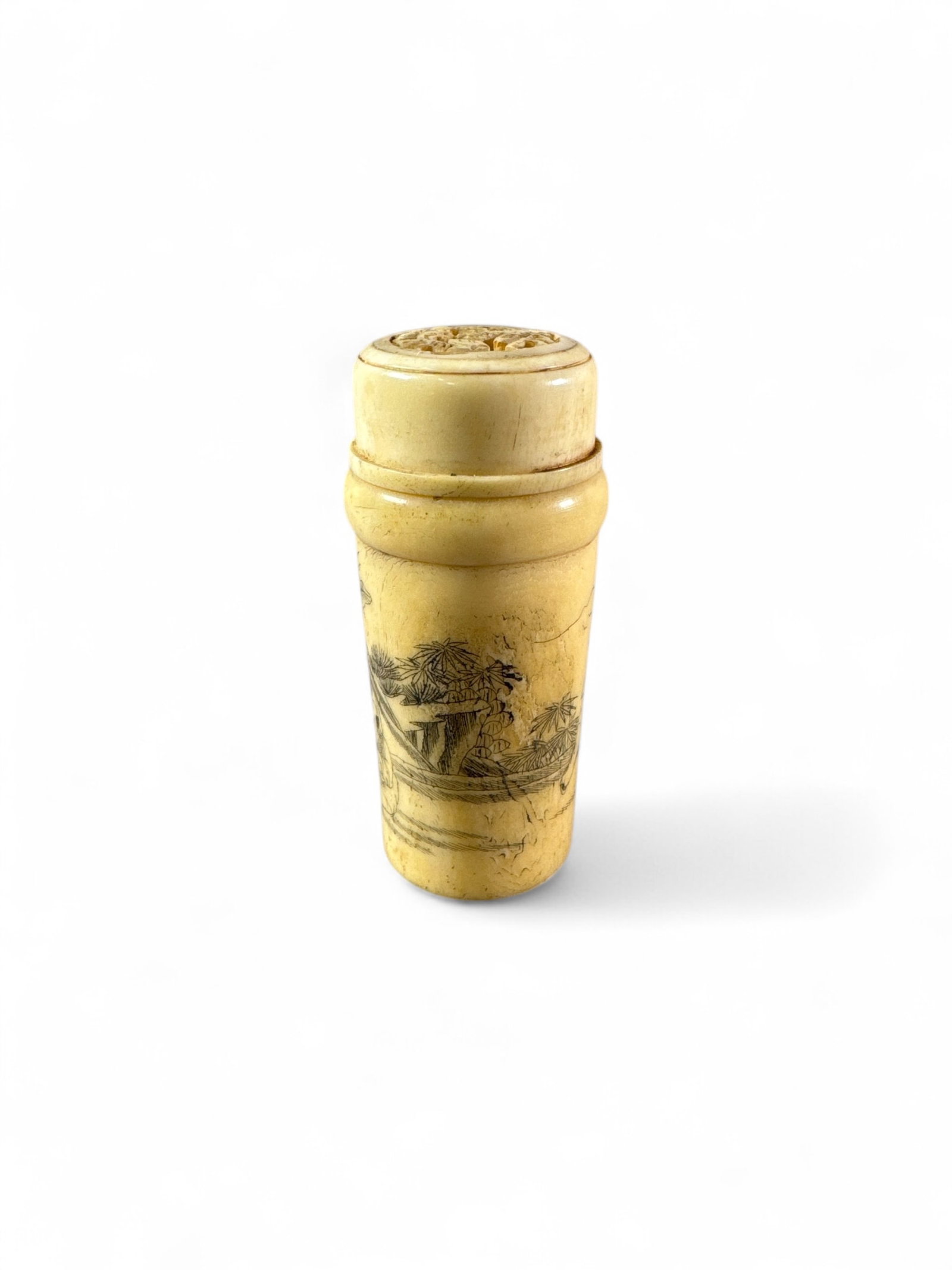 CHINESE BONE CARVED CRICKET BOX: SMALL CARVED BONE CRICKET BOX, PIERCED LID, & ETCHED AND ETCHED INK DESIGN. 4" H.