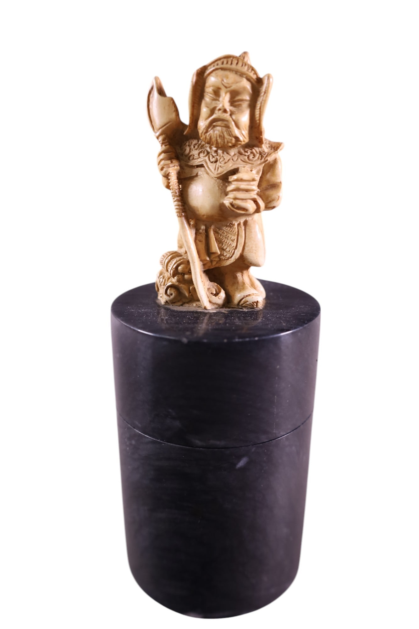 JADE LIDDED BOX: JADE LIDDED BOX WITH CARVED BONE FIGURE DECORATED TOP. 7" H.