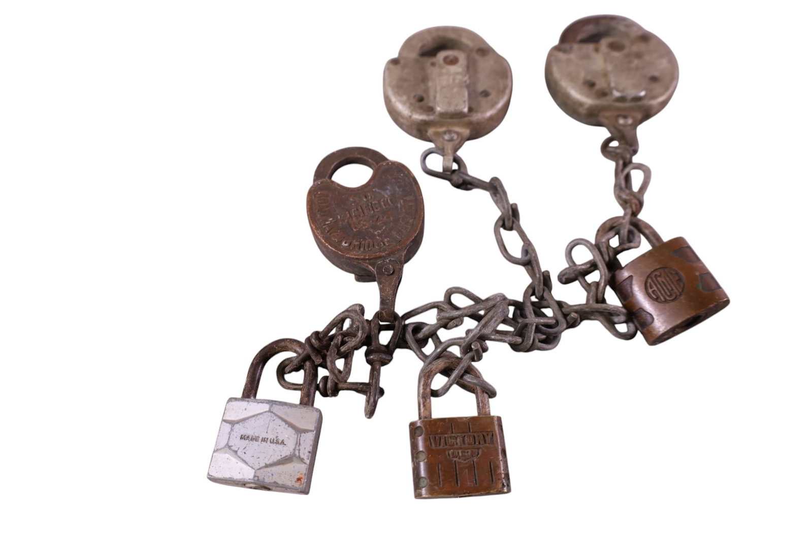 6 VINTAGE PADLOCKS: LANG, SOUTHERN PACIFIC, NO KEYS.
