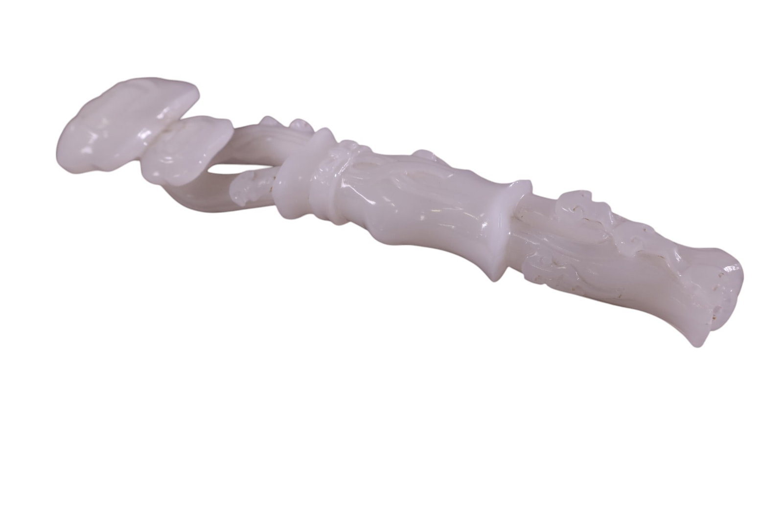 WHITE STONE ASIAN GARMENT HOOK: HIGHLY CARVED WHITE STONE GARMENT HOOK. 14" L.
