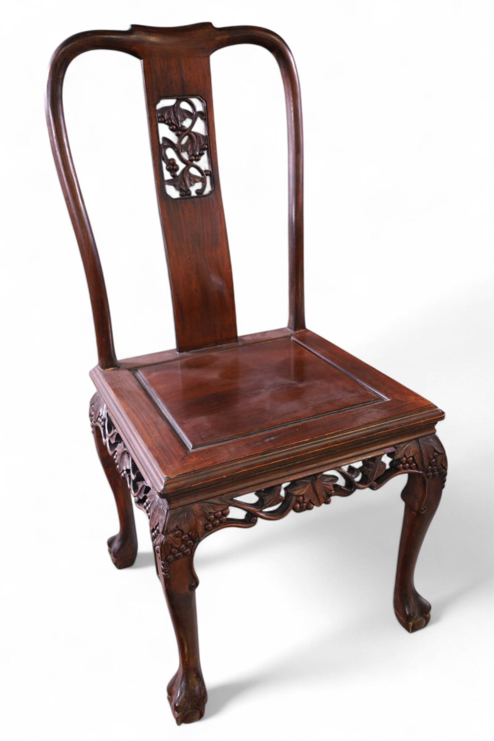 CHINESE SIDE CHAIR: CHINESE ROSEWOOD SIDE CHAIR, BALL AND CLAW FOOT. 18" W x 17" D x 38" H. THIS ITEM EXCEEDS SIZE LIMITATIONS FOR IN HOUSE SHIPPING, MUST BE PICKED UP HOUSE OR SHIPPED VIA 3rd PARTY SHIPPER.