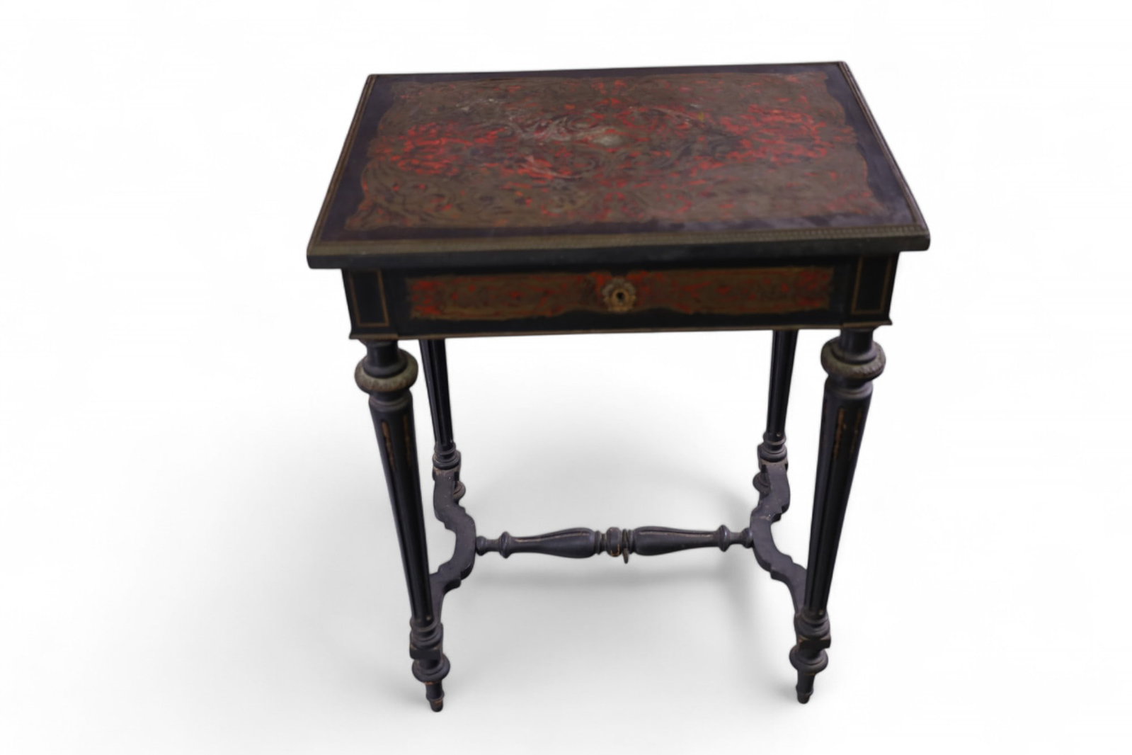 19TH CENTURY FRENCH BOULLE VANITY: 19TH CENTURY FRENCH BOULLE HINGED TOP VANITY, FITTED INTERIOR, MIRROR. WITH KEY. MINOR WEAR TO FINISH, SOME BRASS INLAY IS LOOSE. 22" W x 16" D x 29" H. THIS ITEM EXCEEDS SIZE LIMITATIONS FOR IN HOUSE