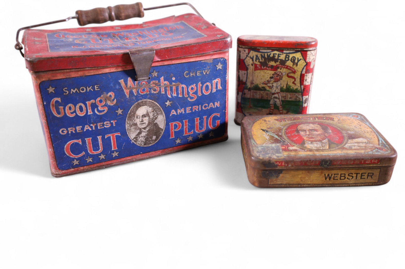 3 ANTIQUE TOBACCO TINS: GEORGE WASHINGTON CUT PLUG, YANKEE BOY, & WEBSTER TOBACCO TINS. RUST. DENTS.