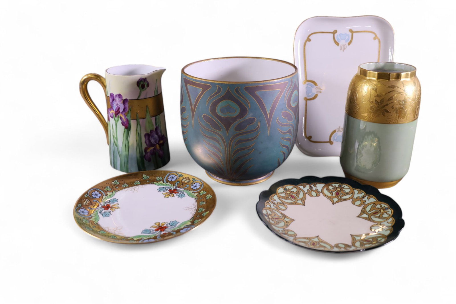 LOT OF LIMOGES PORCELAIN: 6 PIECES, PITCHERS, VASES, & PLATES. SOME CHIPS. 8" H & 8" DIAM.