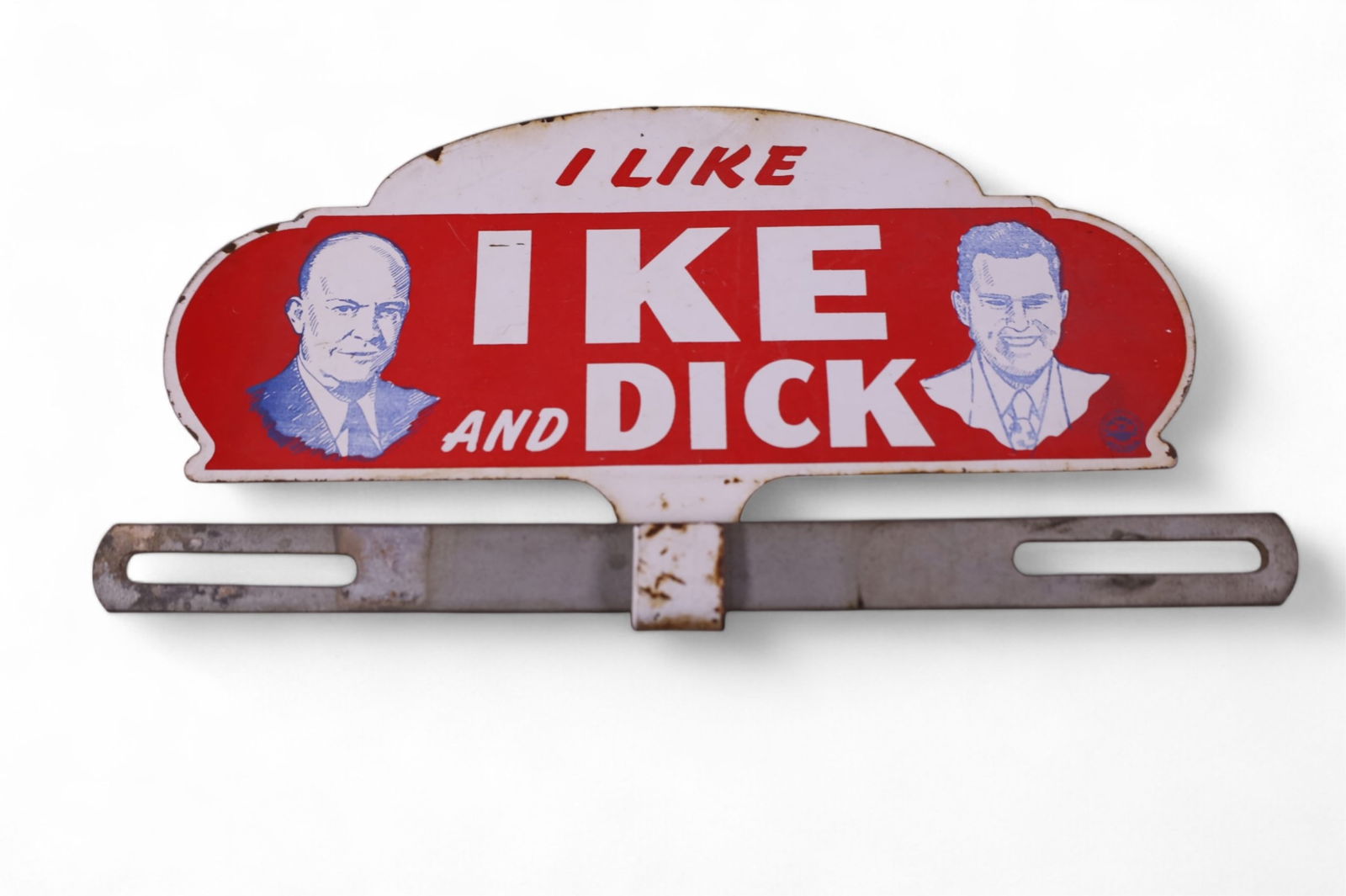 POLITICAL LICENSE PLATE TOPPER: "I LIKE IKE & DICK" LICENSE PLATE TOPPER. 9" L .