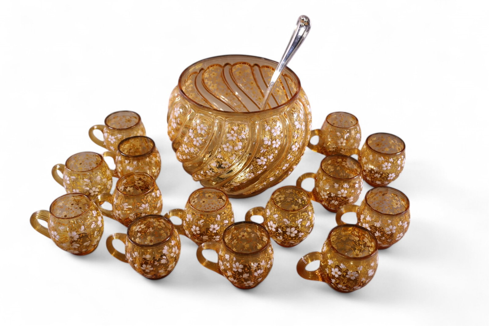 MOSER STYLE PUNCH SET: ENAMEL DECORATED PUNCH SET, IN THE STYLE OF MOSER, LARGE PUNCH BOWL WITH 14 CUPS. 9" DIAM.