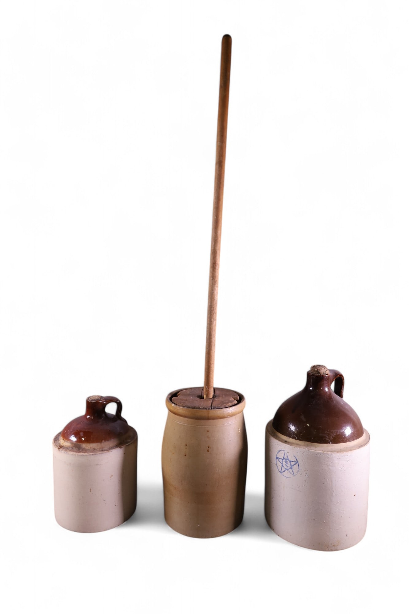 2 CROCK JUGS & BUTTER CHURN: 2 CROCKS & BUTTER CHURN. CHIPS.