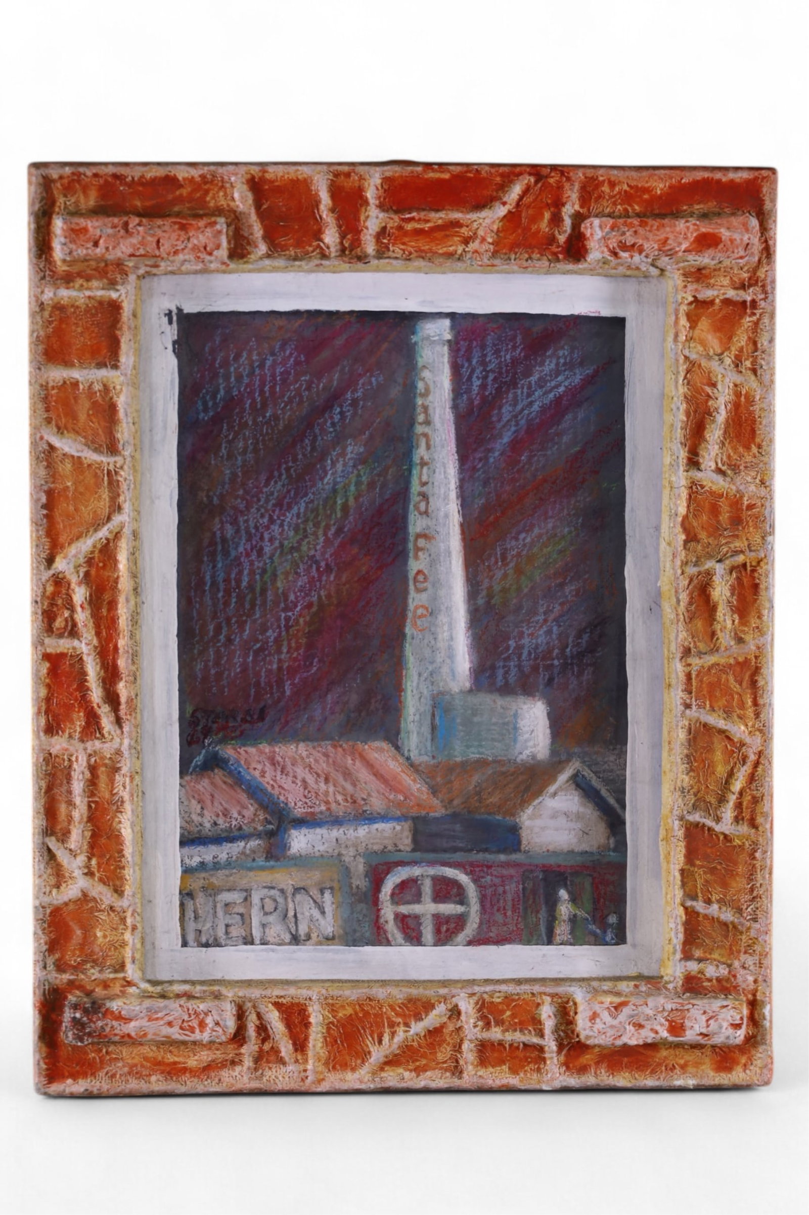 SANTA FE DEPOT PAINTING: SAN BERNARDINO CALIFORNIA SANTE FE DEPOT PAINTING, IN CUSTOM FRAME. WPA PAINTING? 25" x 31" IN FRAME