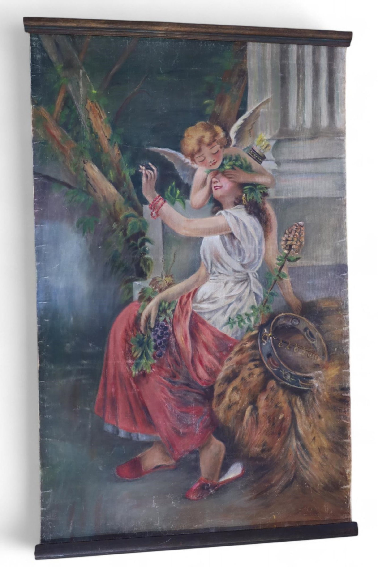 LARGE 19TH CENTURY OIL PAINTING: 19TH CENTURY LADY W/ CHERUB OIL PAINTING, UNFRAMED CANVAS, ON WOODEN HANGER. 54" x 34"