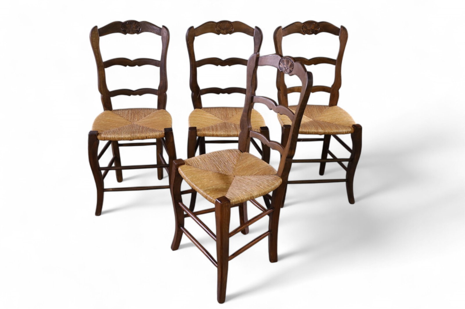 SET OF 4 COUNTRY FRENCH CHAIRS: RUSH SEAT, COUNTRY FRENCH CHAIRS. 16" W x 14" D x 35" H. THIS ITEM EXCEEDS SIZE LIMITATIONS FOR IN HOUSE SHIPPING, MUST BE PICKED UP HOUSE OR SHIPPED VIA 3rd PARTY SHIPPER.