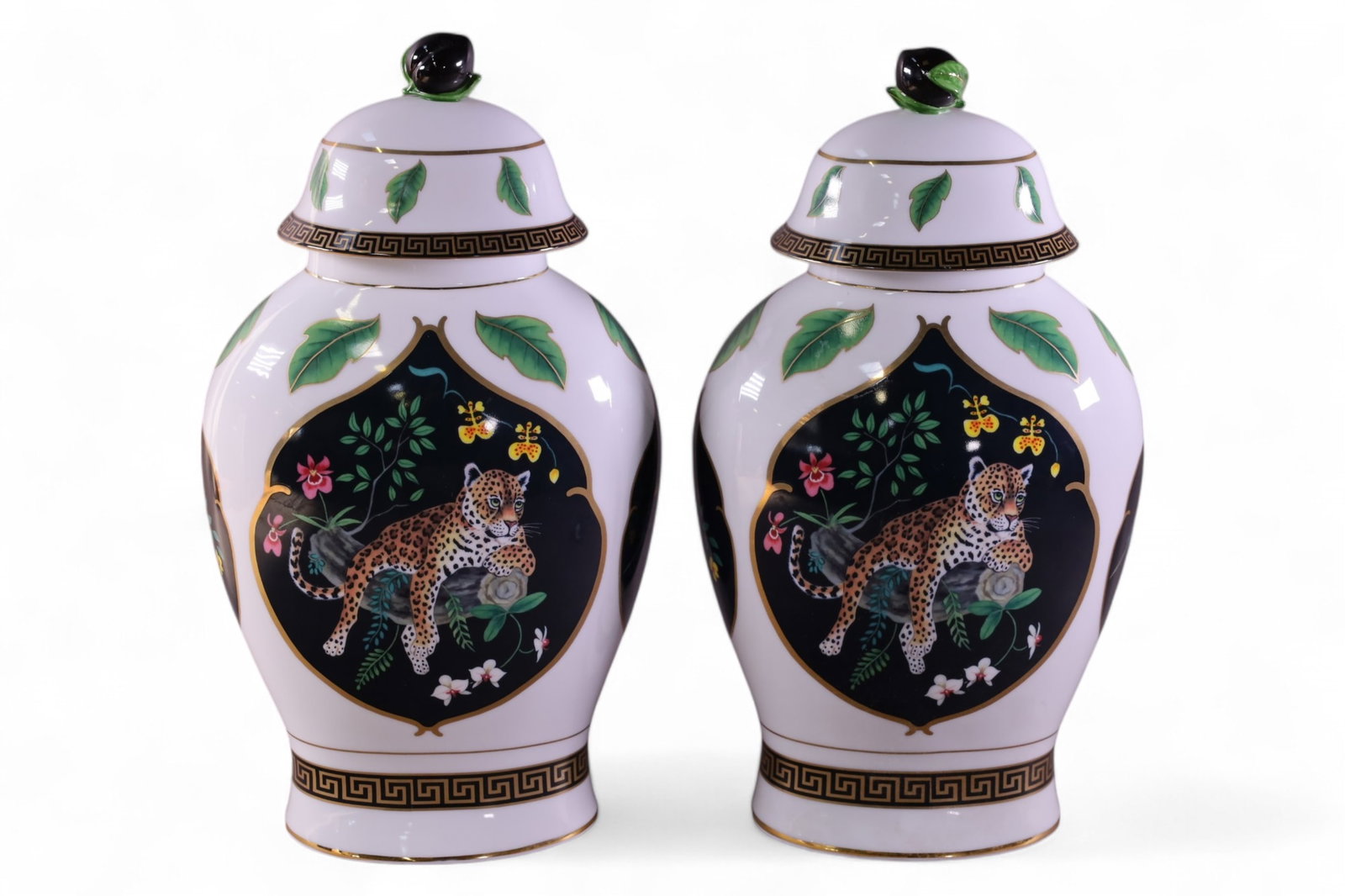PAIR OF LYNN CHASE LIDDED URNS: LYNN CHASE JAGUAR JUNGLE LIDDED URNS. MARKED ON BOTTOM. 15 1/2" H