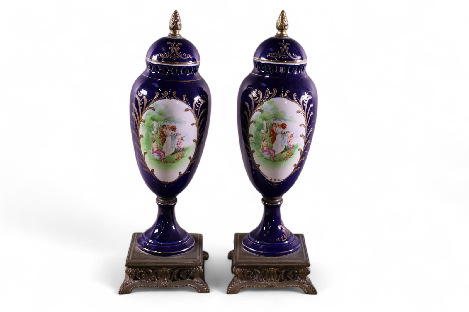 PAIR OF COBALT URNS: PAIR OF COBALT PORCELAIN URNS, DAMAGE TO BASE OF ONE. 16" H