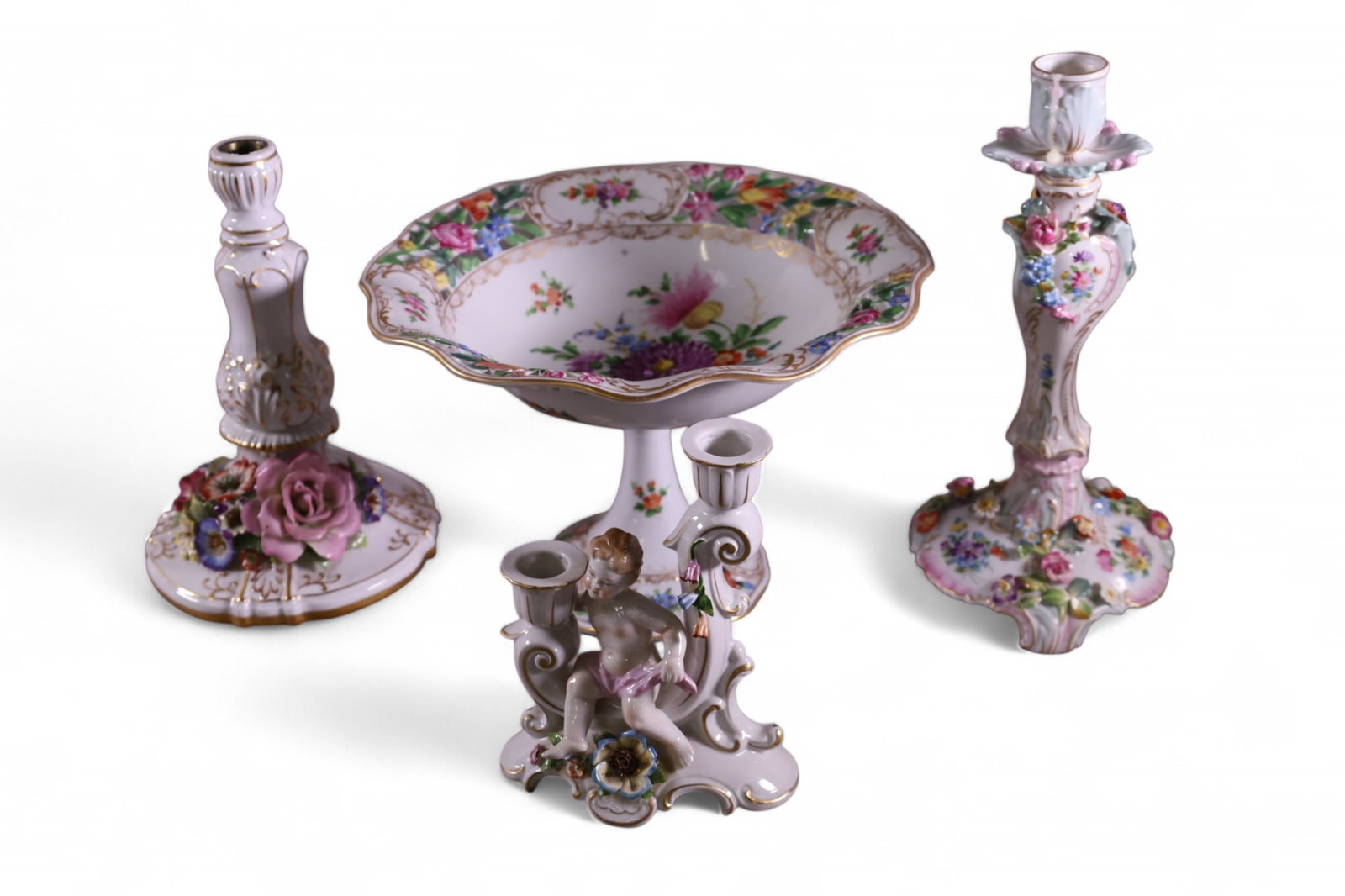 4 PIECES OF DRESDEN STYLE PORCELAIN: (LOOSE COMPOTE) & CANDLE STICKS. CHIPS TO FLOWERS. 7" - 11" H