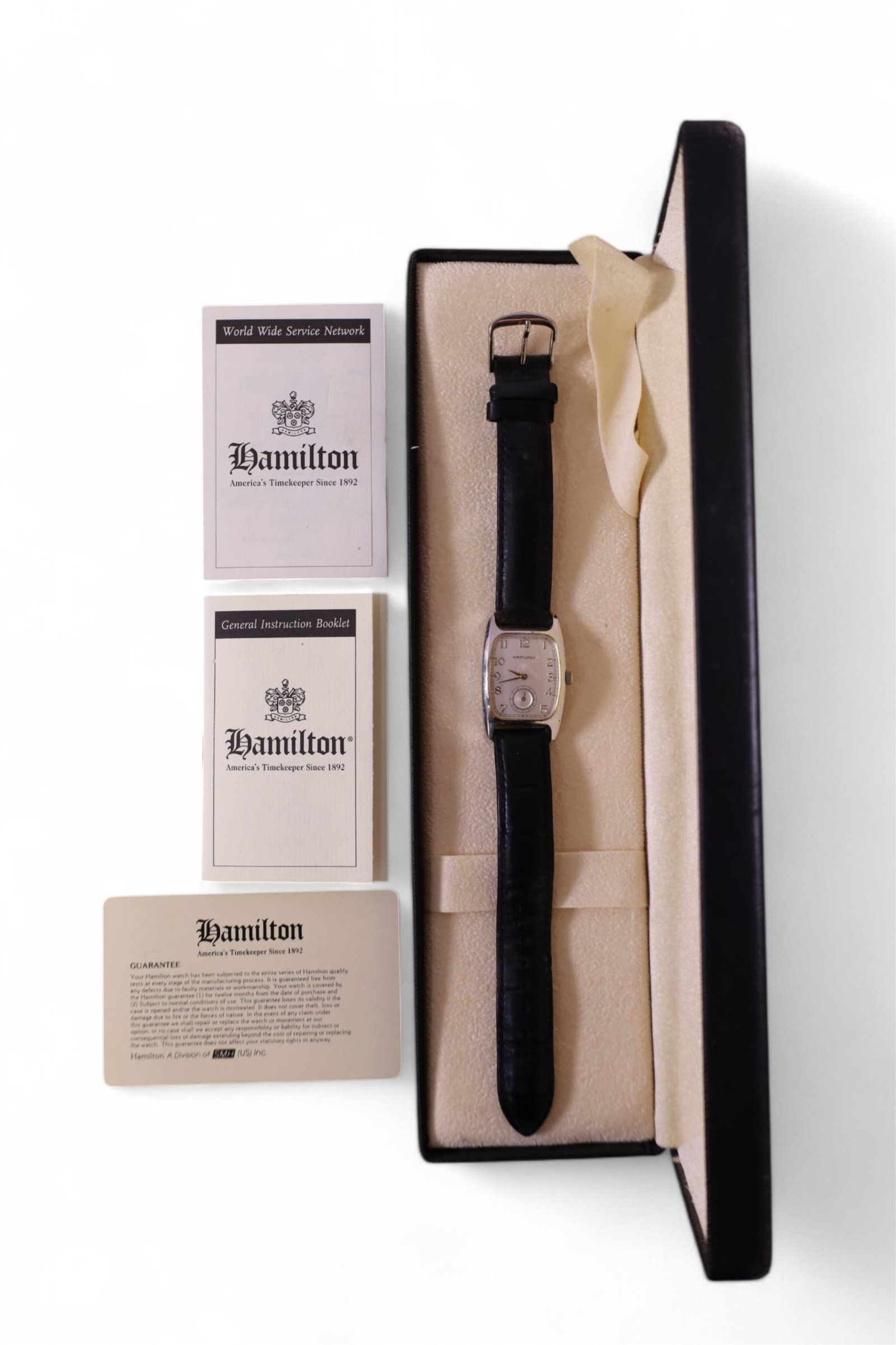 HAMILTON MAN'S WRIST WATCH: HAMILTON MAN'S WRIST WATCH, IN ORIGINAL BOX, QUARTZ MOVEMENT. ALL WATCHES ARE SOLD AS IS, UNTESTED, UNSERVICED. WE DO NOT GUARANTEE WORKING ORDER.