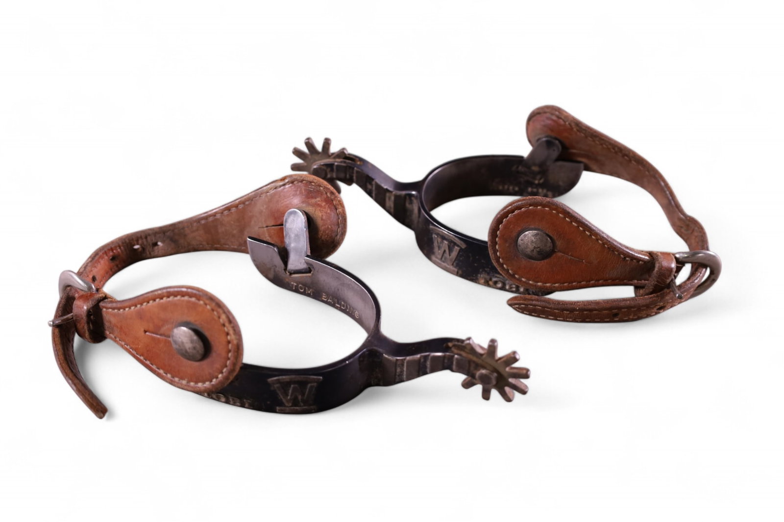 PAIR OF TOM BALDING SPURS: PAIR OF SPURS, MARKED TOM BALDING.